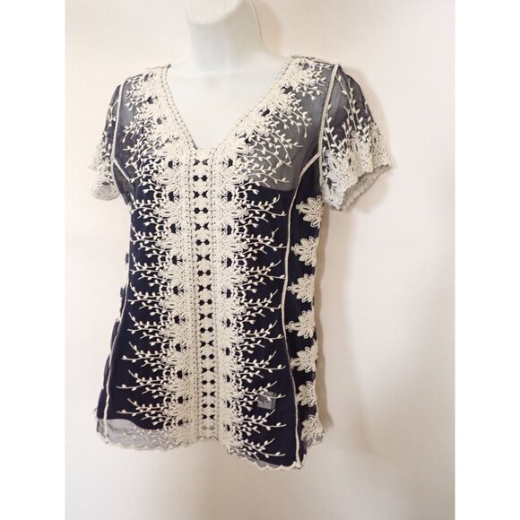 Ultra Pink Jillian Top Women S blue White Lace Boho‎ Casual Retro Embroidered - Picture 3 of 8